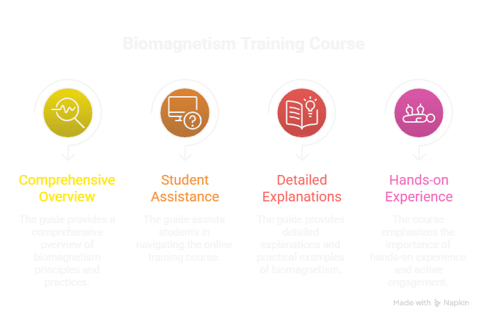 Infographic overview of the biomagnetism online training course structure and learner support