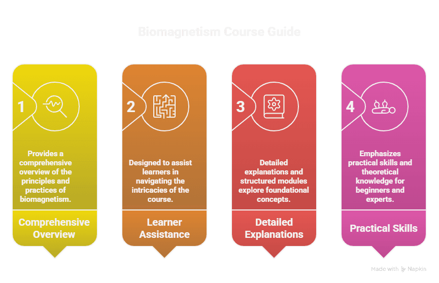 Infographic of biomagnetism course guide pillars: overview, learner assistance, detailed explanations, and practical skills